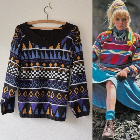 Vintage Sweaters - Vintage 90’s black‎ geometric acrylic sweater size M